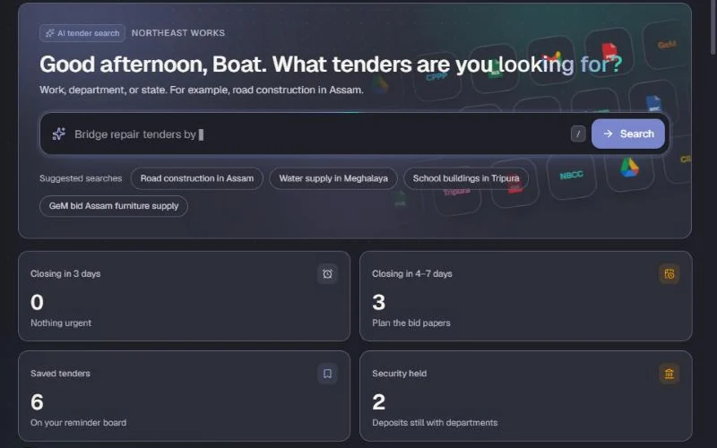 Luit Tender Desk with the AI tender search box and deadline tiles